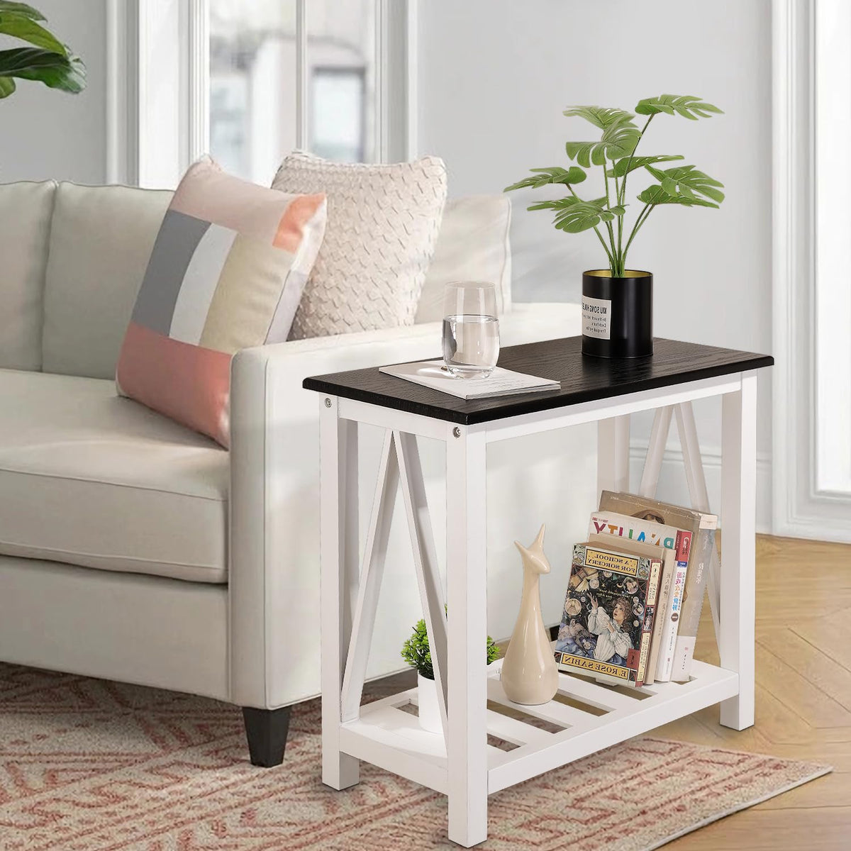 FEUFOAM Farmhouse End Side Table Wood Frame Narrow Side Table with Shelves Black White Rectangular Night Stand Sofa Table for Couch, Small Spaces