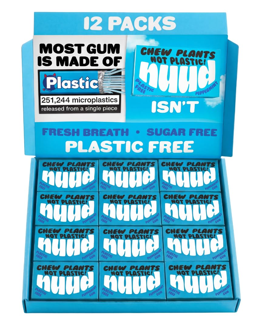 Nuud Plastic Free Chewing Gum | Plant Based | Aspartame Free | Xylitol | Biodegradable | Sugar Free Chewing Gum | 12 Packs of 9 Pieces (Peppermint)