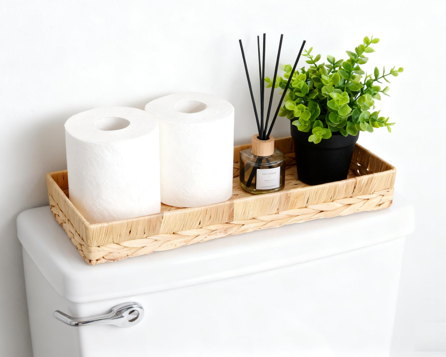 PENGARO Bathroom Tray, 16" Rectangle Bathroom Tray Over Toilet Tank Water Hyacinth Wicker Toilet Roll Holder Basket for Counter Long Narrow Tray Hand