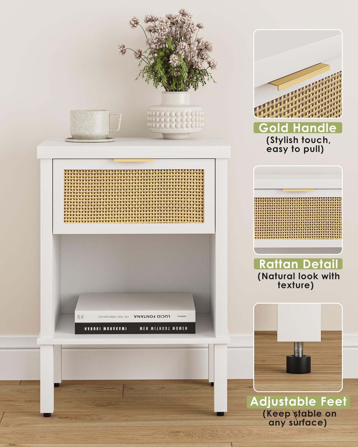 Apetaccat Rattan Bedside Table, Side Table with Open Storage Shelf, White