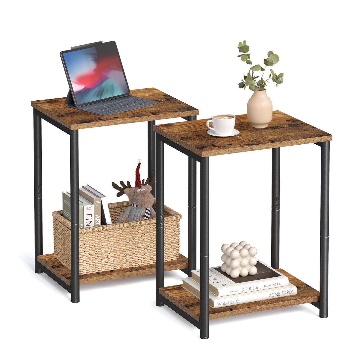 VASAGLE Set of 2 Side Tables, 2-Tier Sofa Side Tables, Bedside Tables with Steel Frames, for Living Room, Bedroom, Home Office, Industrial Style,