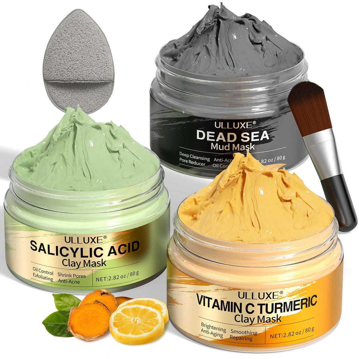 Facial Clay Mask Set - Vitamin C Turmeric Clay Mask, Dead Sea Mud and Salicylic Acid Mask for Pores Cleansing, Blackheads, Dark Spots, and