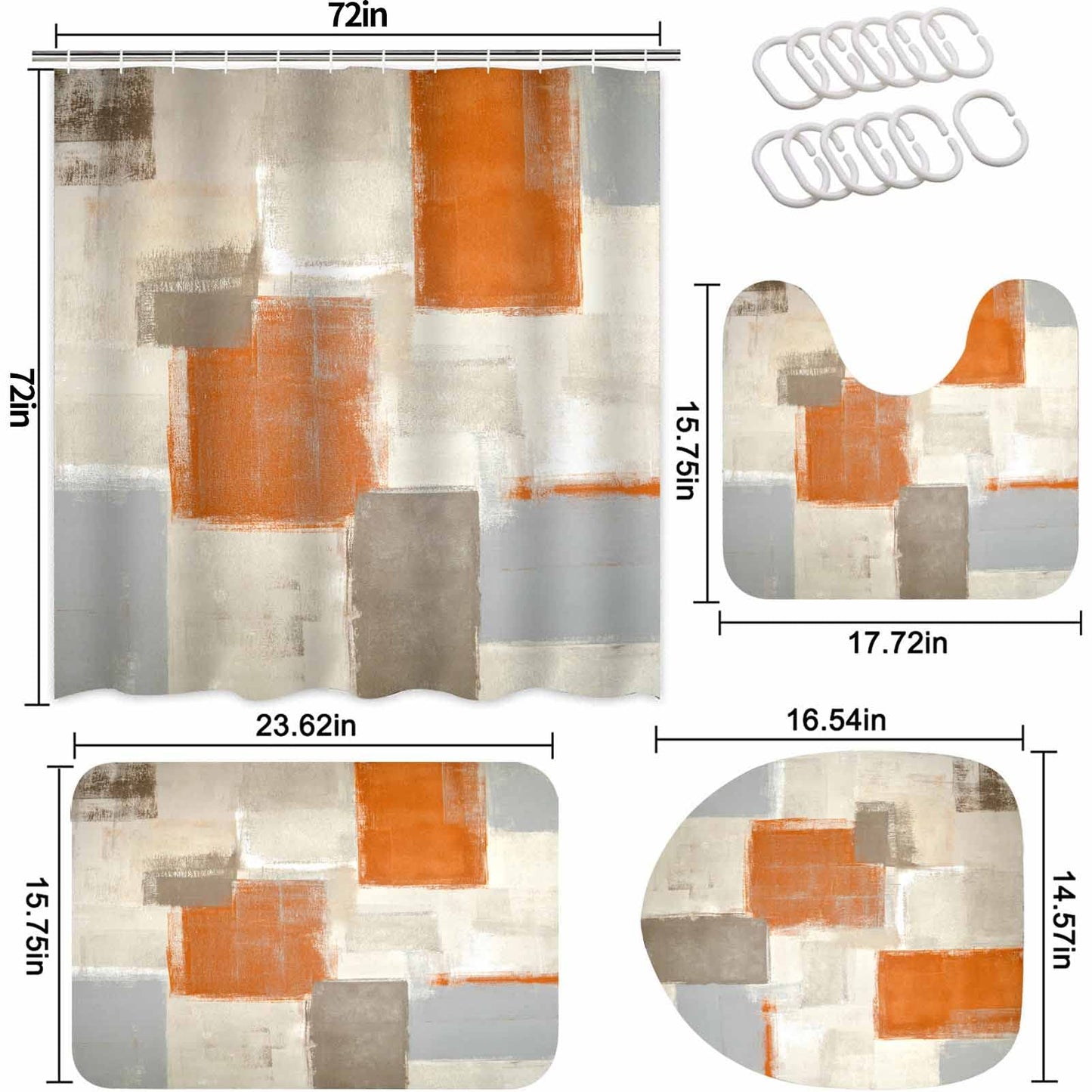 Lnond 4Pcs Bathroom Shower Curtain Sets with Rugs,Modern Orange and White Painting Art Bathroom Sets with Shower Curtain and Rugs and Accessories