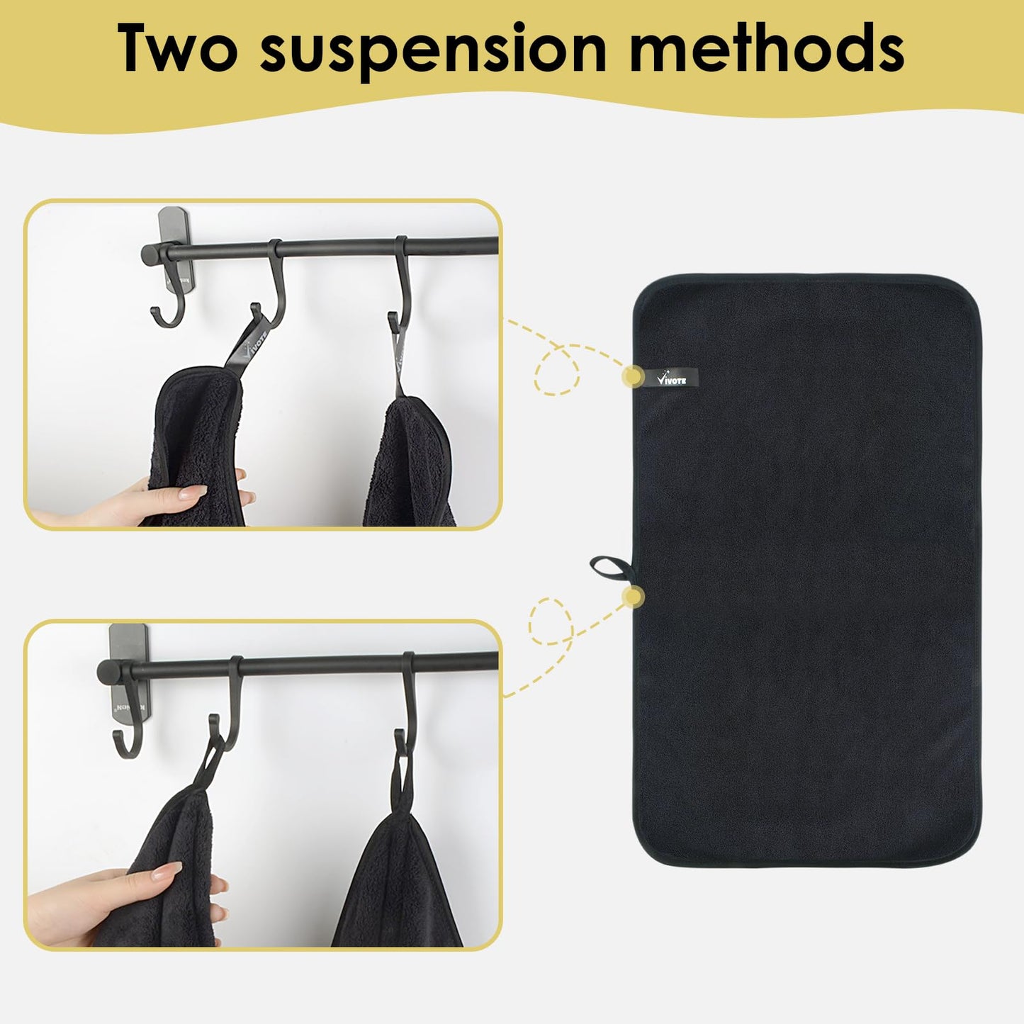 VIVOTE Black Hand Towel with Hanging Loop Small Hand Towels for Bathroom