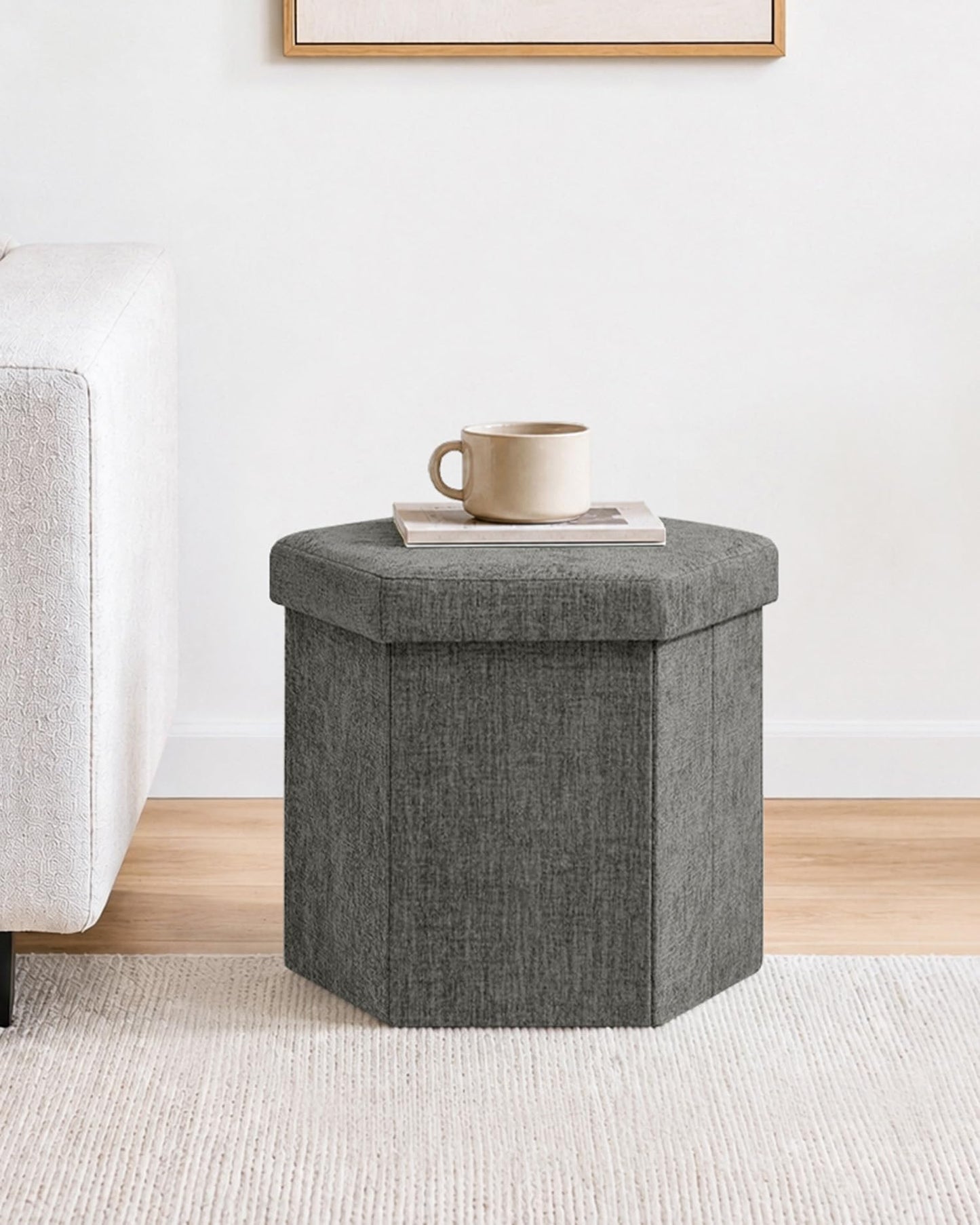 Bonlife Folding Storage Ottoman Hexagonal, Footrest with Toy Ches Box, 43cm