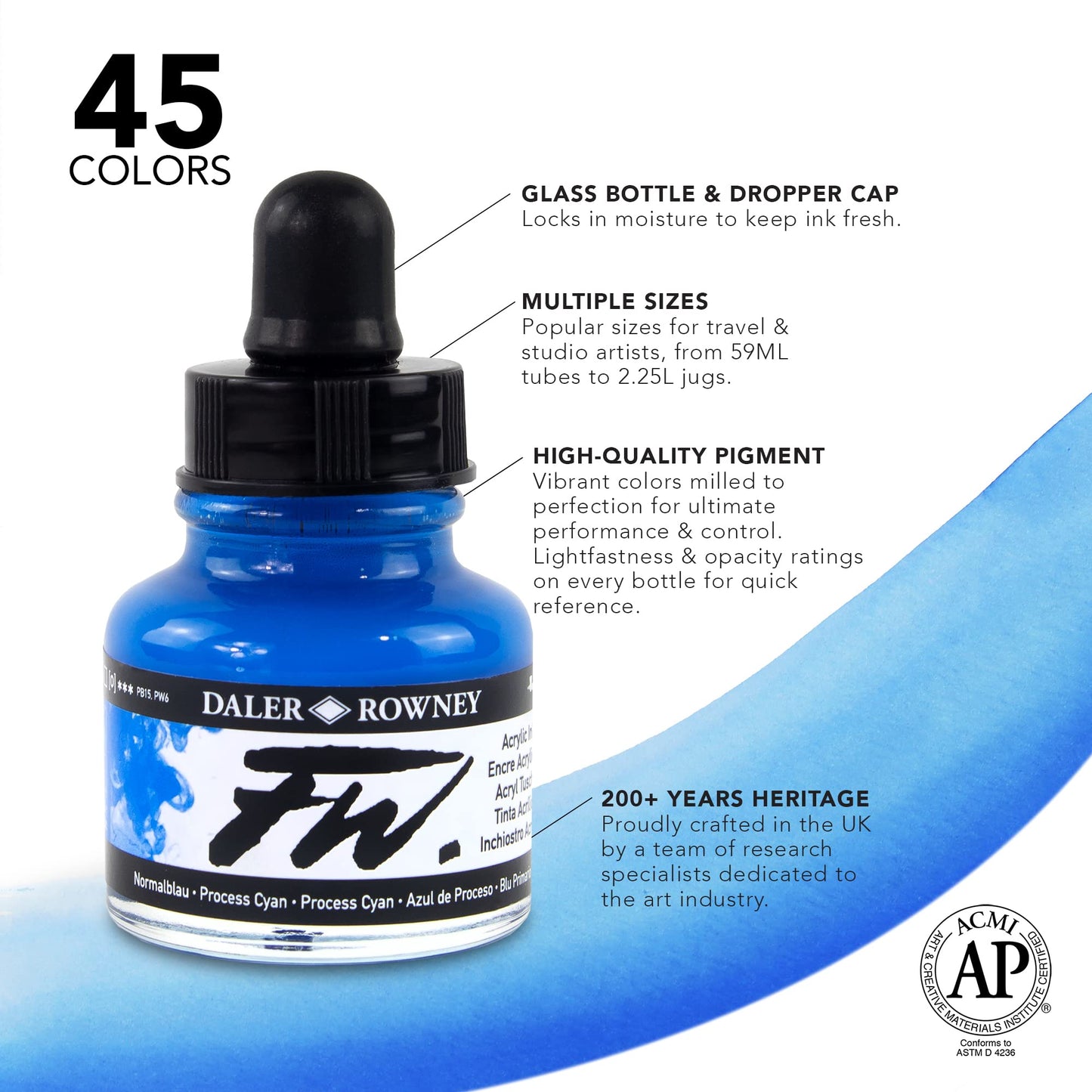 Daler-Rowney FW Primary Ink Set, 6 x 29.5ml Bottles & 1 FW Mixed Media Marker, Acrylic Based Ink, Assorted Colours, Ideal for Professional Artists &