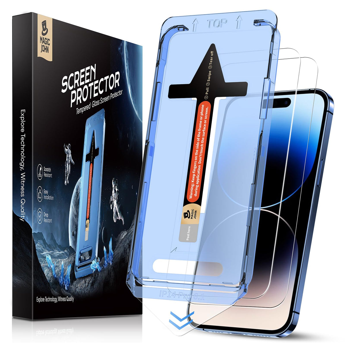 MAGIC JOHN 2 Pack for iPhone 14 Pro 6.1 inch Tempered Glass Screen Protector, Auto Dust-Elimination Installation, Bubble Free, Dynamic Island