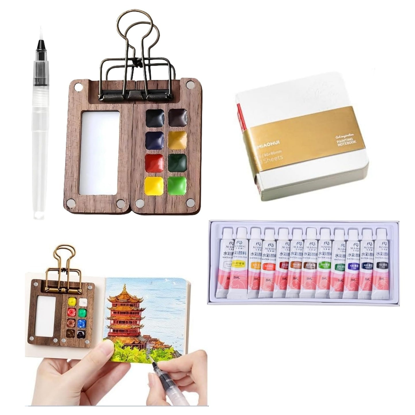 Ryfpdml 5Pcs Pocket Artist Watercolour Travel Set, 8 Grids Watercolour Paint Portable Mini Paint Set Foldable Wooden Palette for Painters Artists