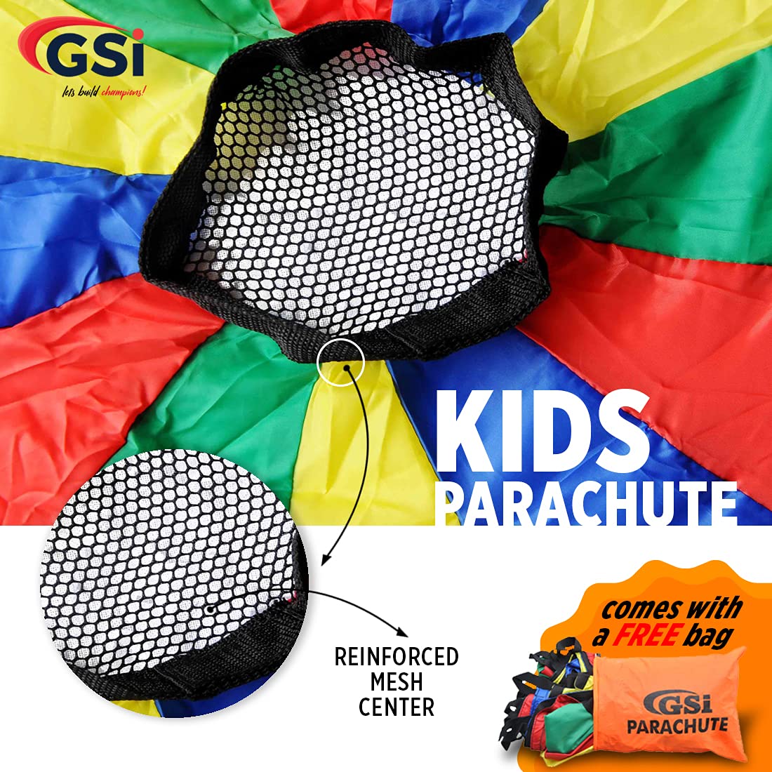 GSi Kids Play Parachute Rainbow Parachute Toy Tent Game for Children Gymnastic Cooperative Play and Outdoor Playground Activities (20 Feet)