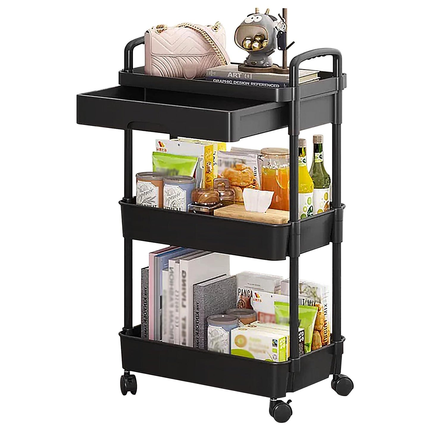 DUOJIN 3 Tier Plastic Rolling Utility Cart with Handle, Multi-Functional Storage Trolley with Mesh Baskets and Lockable Wheels for Bathroom Kitchen