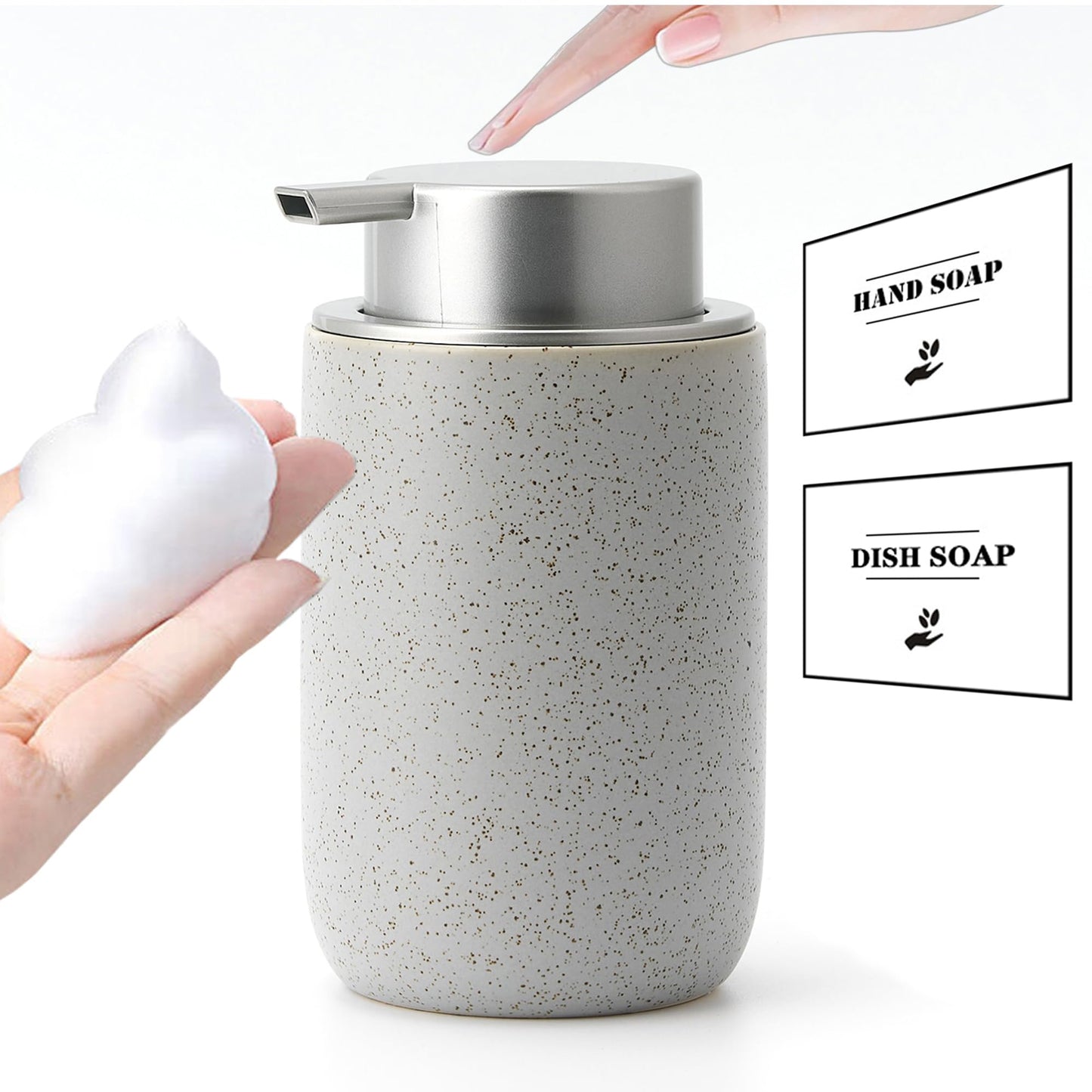 GIRLUFO Gray Foaming Soap Dispenser,Kitchen Soap Dispenser with Plastic Silver Soap Pump,Ceramic Foam Soap Dispenser for Bathroom,12OZ Refillable Soap