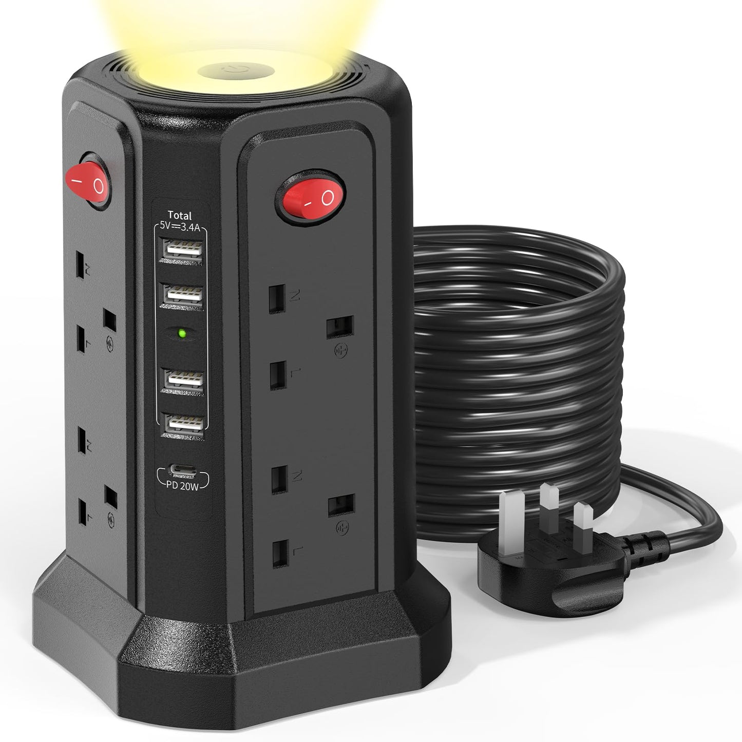 Extension Lead with USB Slots and 20W USB C Fast Charger, (13A 3250W) 5 USB Ports and 8 Way Extension Tower, Surge Protected Extension Lead with Night