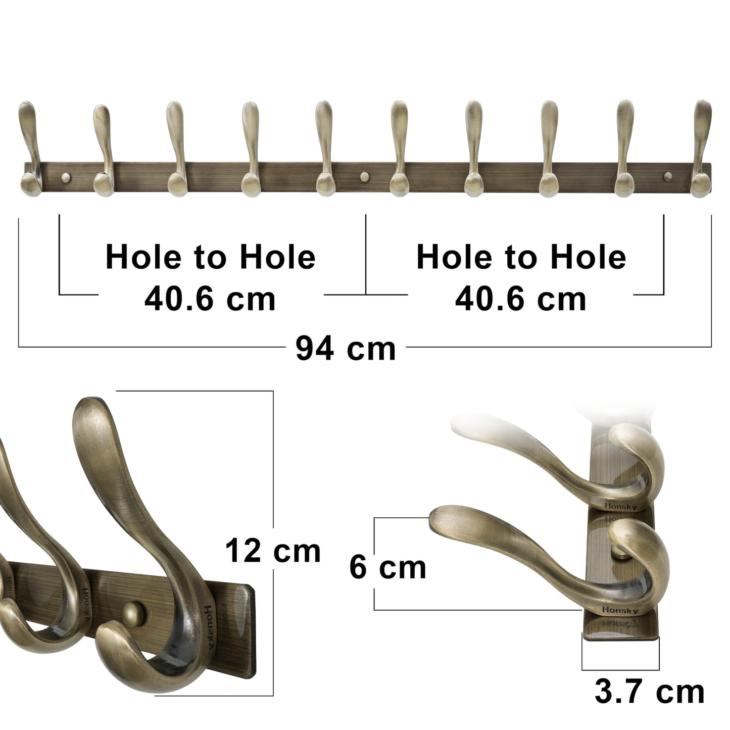 HONSKY Wall Mounted Coat Rack 94cm - Heavy Duty Metal 10 Double Hooks, Sturdy Hook, Space-Saving Coat Hanger for Hallway/Entryway/Bedroom