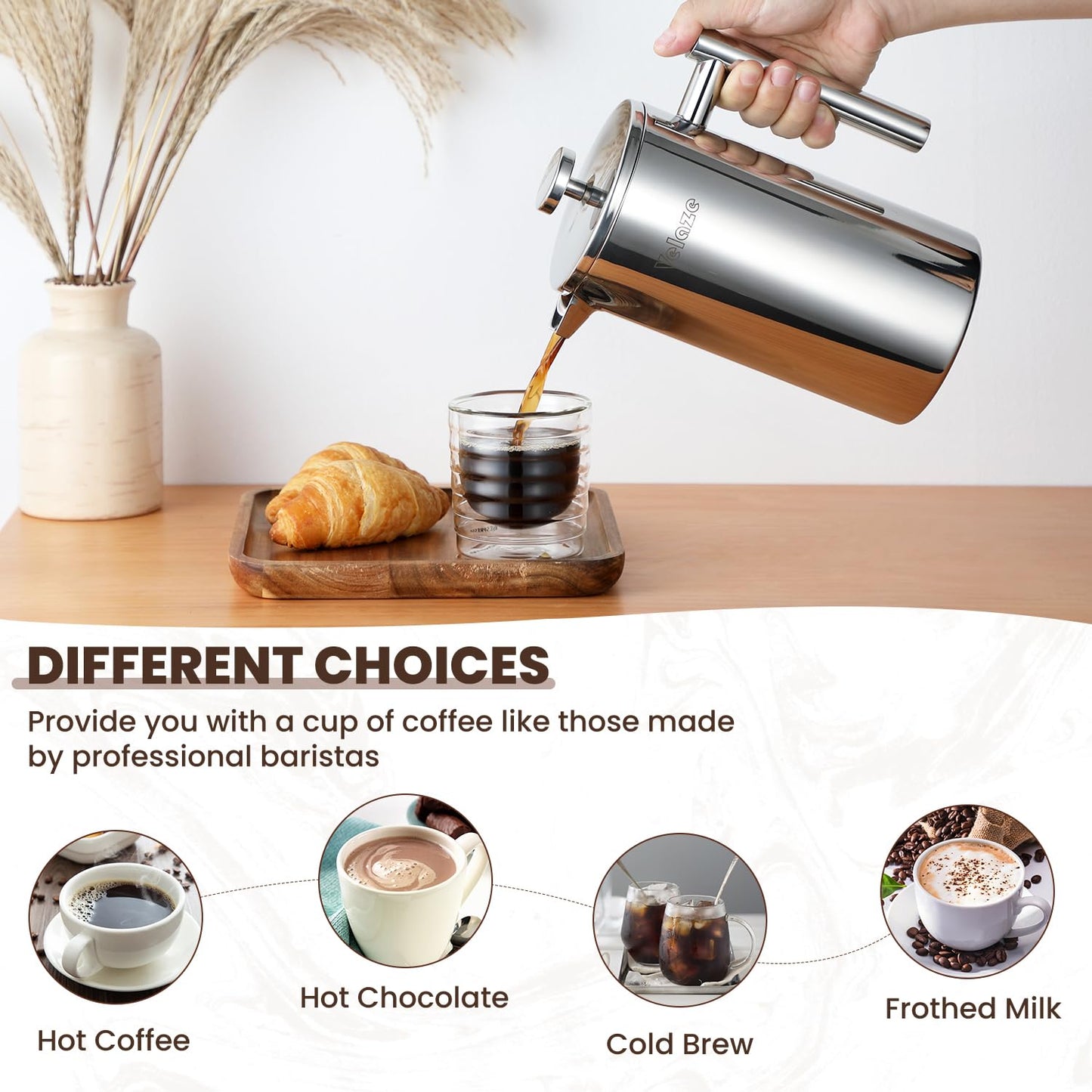 Velaze 1L / 35oz 8 Cups French Cafetiere Coffee Pot, French Press with Stainless steel,Double Wall Tea Maker, with 1 Coffee Spoon and 5pcs Additional