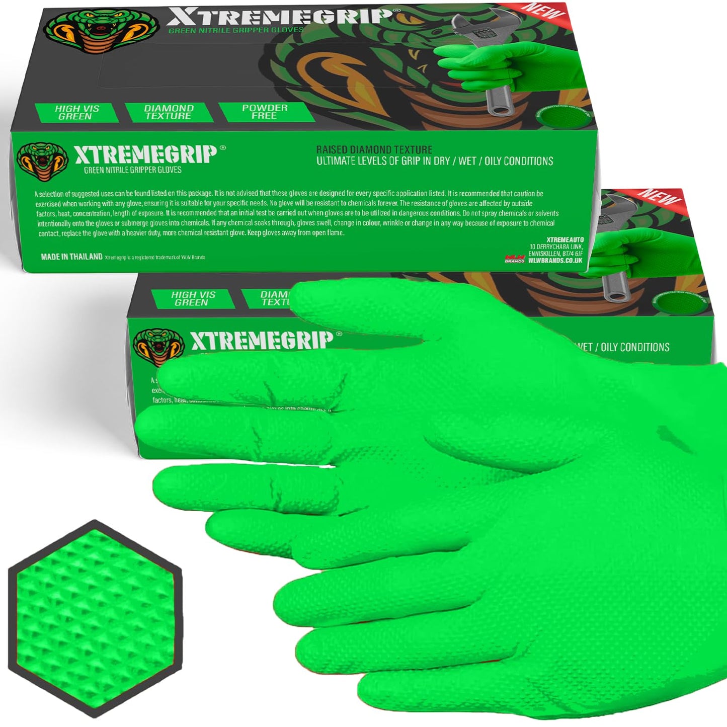 Xtremeauto Nitrile Gloves - Disposable Gloves, Diamond Grip Green - Powder-free & Latex Free Nitrile, Extra Thick & Strong Rubber (2 Boxes, L)