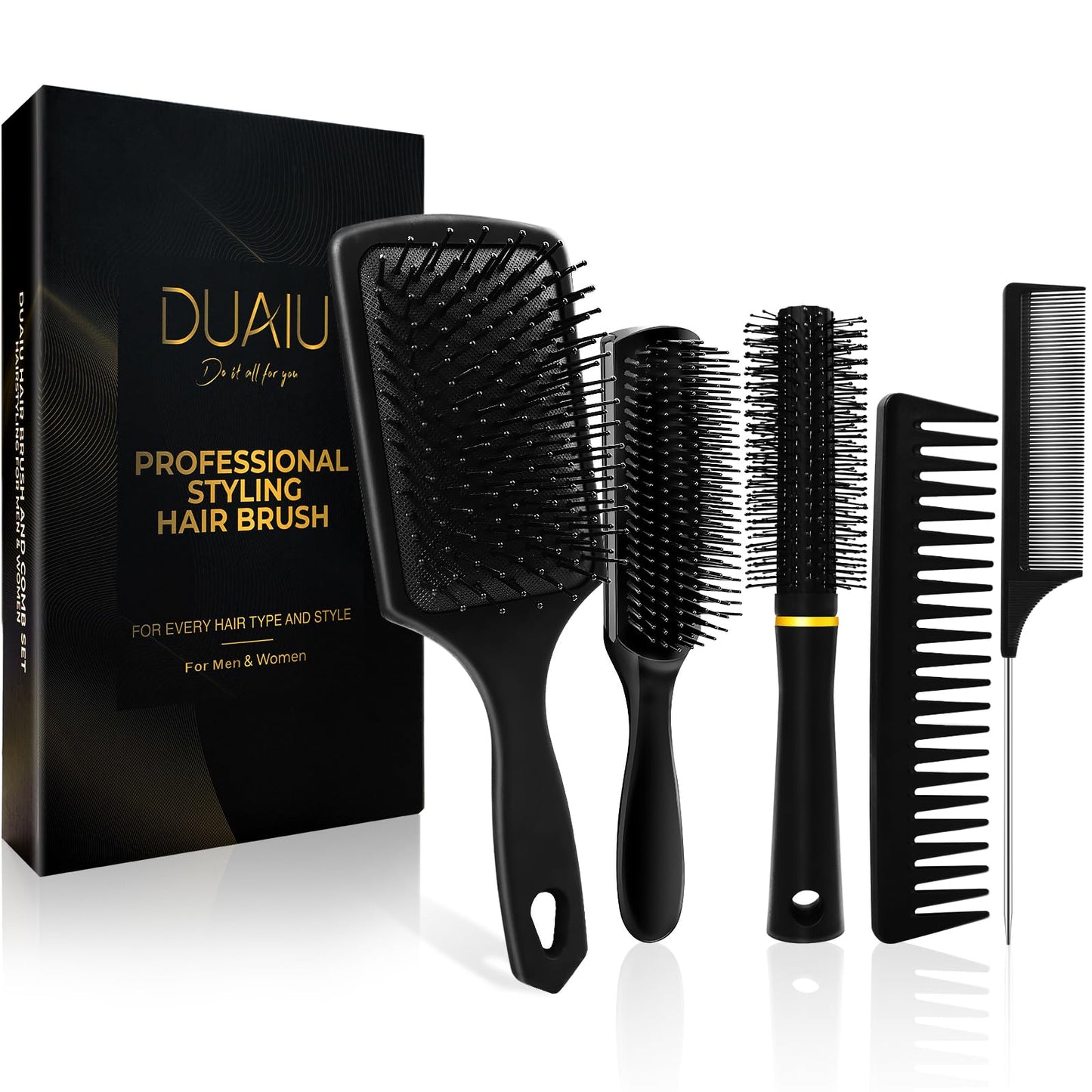 DUAIU 5 Pcs Hair Brush for Men and Women Styling Hair Comb Set for All Hair Types Paddle Brush Detangling Brush Quiff Round Hair Brush Wide Tooth Comb