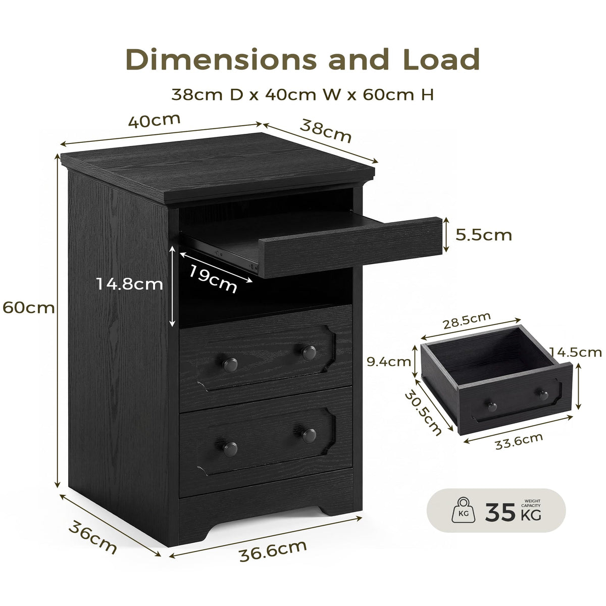 IRONCK Bedside Table Set of 2, Modern Nightstand with 2 Drawers, Open Shelf, End Table with Pull-Out Tray for Bedroom, Living Room, Black