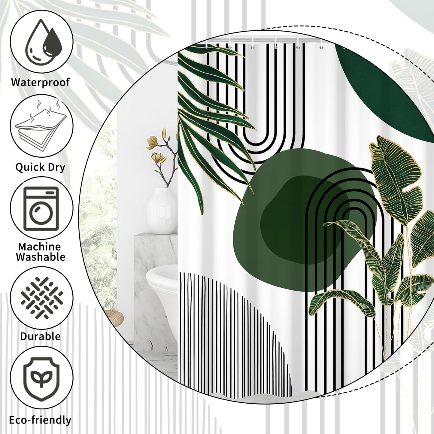 GCIREC Shower Curtain, 180x200cm, Dark Green Boho Mid Century Modern Abstract with Minimalist Leaf Waterproof Fabric Machine Washable Bathroom
