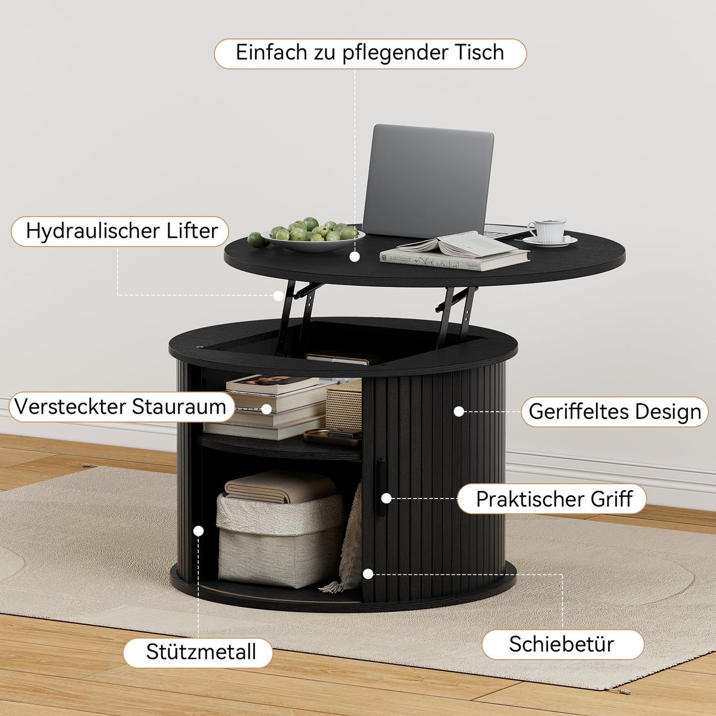Mossora Black Round Lift Top Fluted Coffee Table with Storage, 68*68*50cm