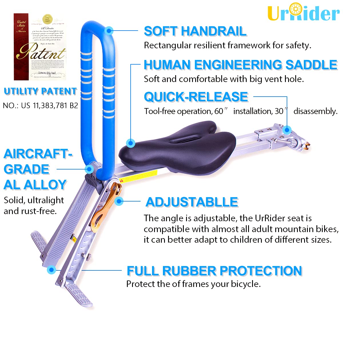 UrRider Child Bike Seat, Front Mount Kids Bike Seat,Fits Most Mountain Bikes, Portable, Tool-Free, Quick-Release,ultra-light, Toddler Bike Seat for