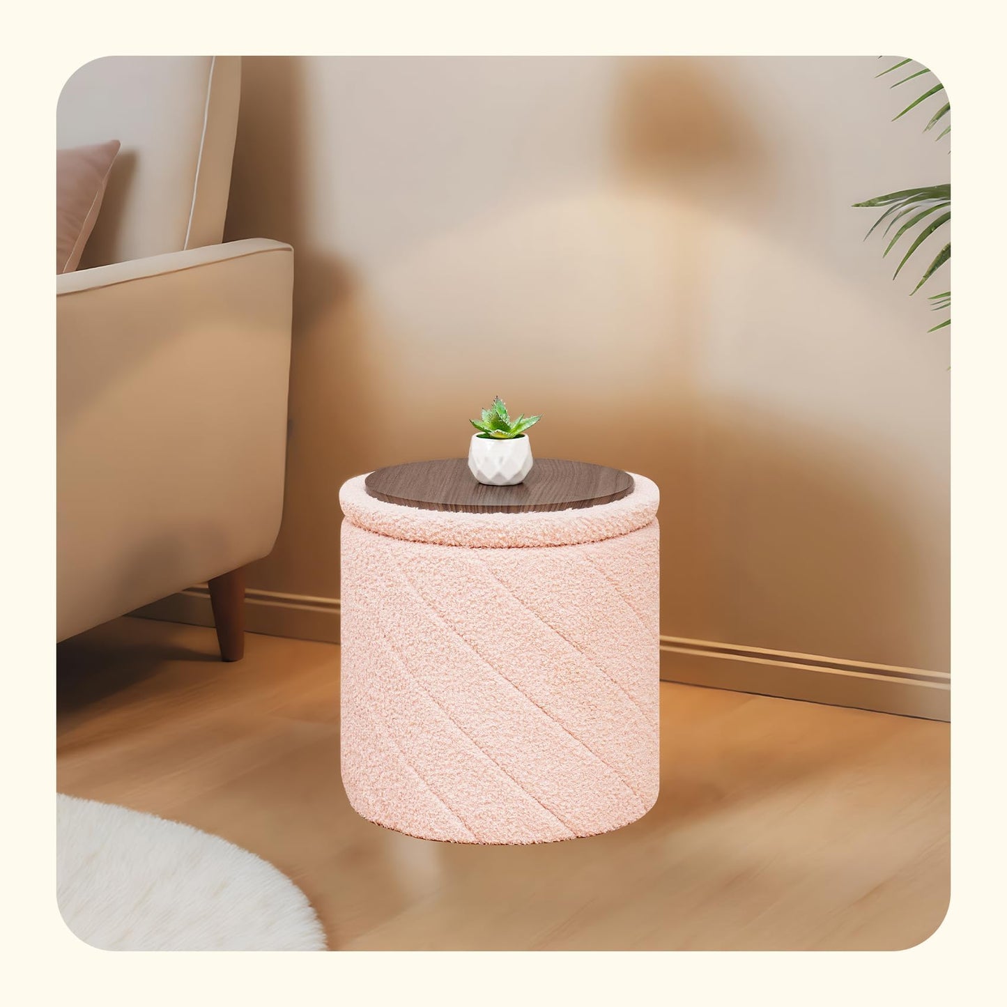 PINPLUS Round Ottoman Storage Box, Folding Stool, Pink, 33x33x35 cm