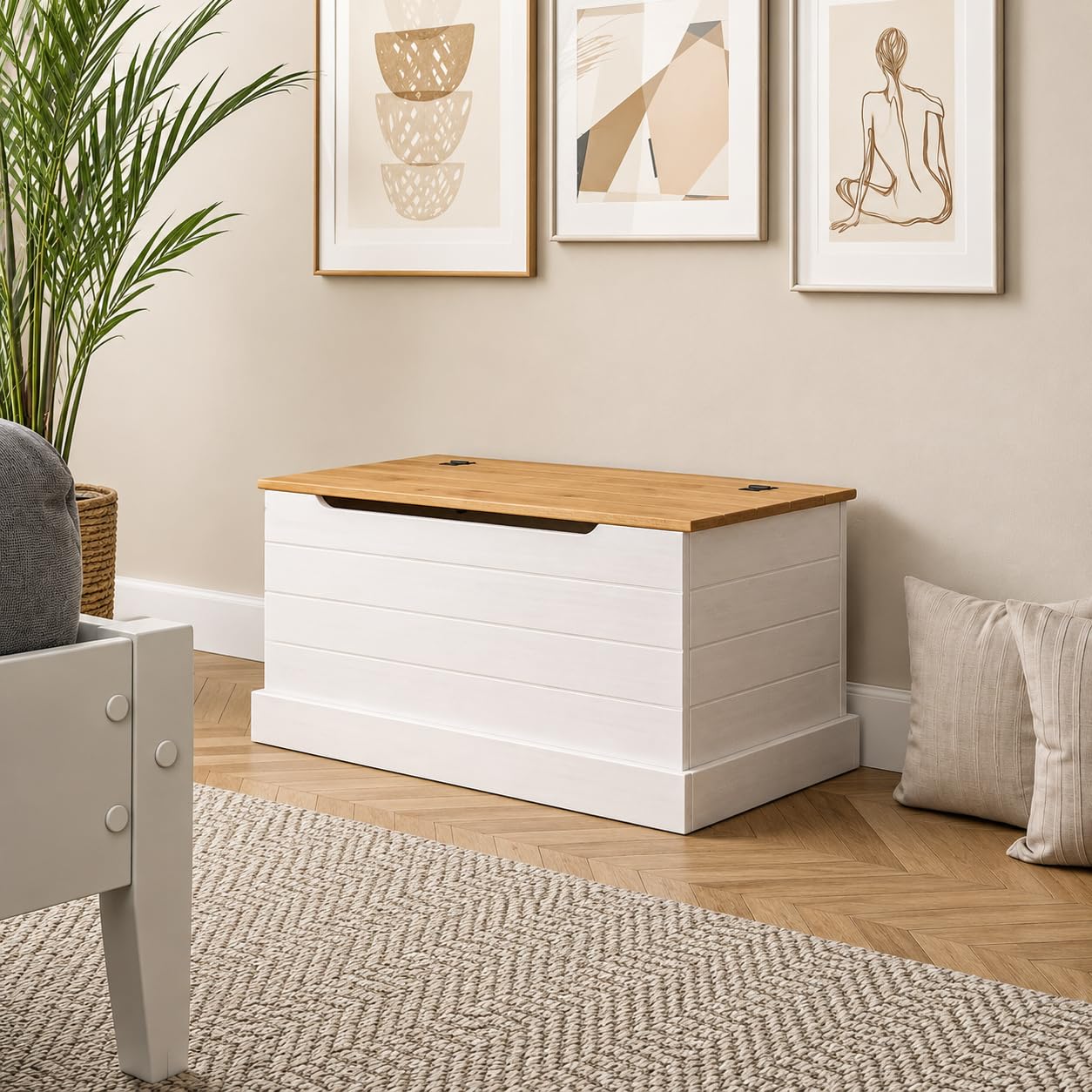 Mews Corona Storage Chest White Bedding Box Storage Ottoman Toy Chest Hinged Lid Mexican Pine Solid Wood