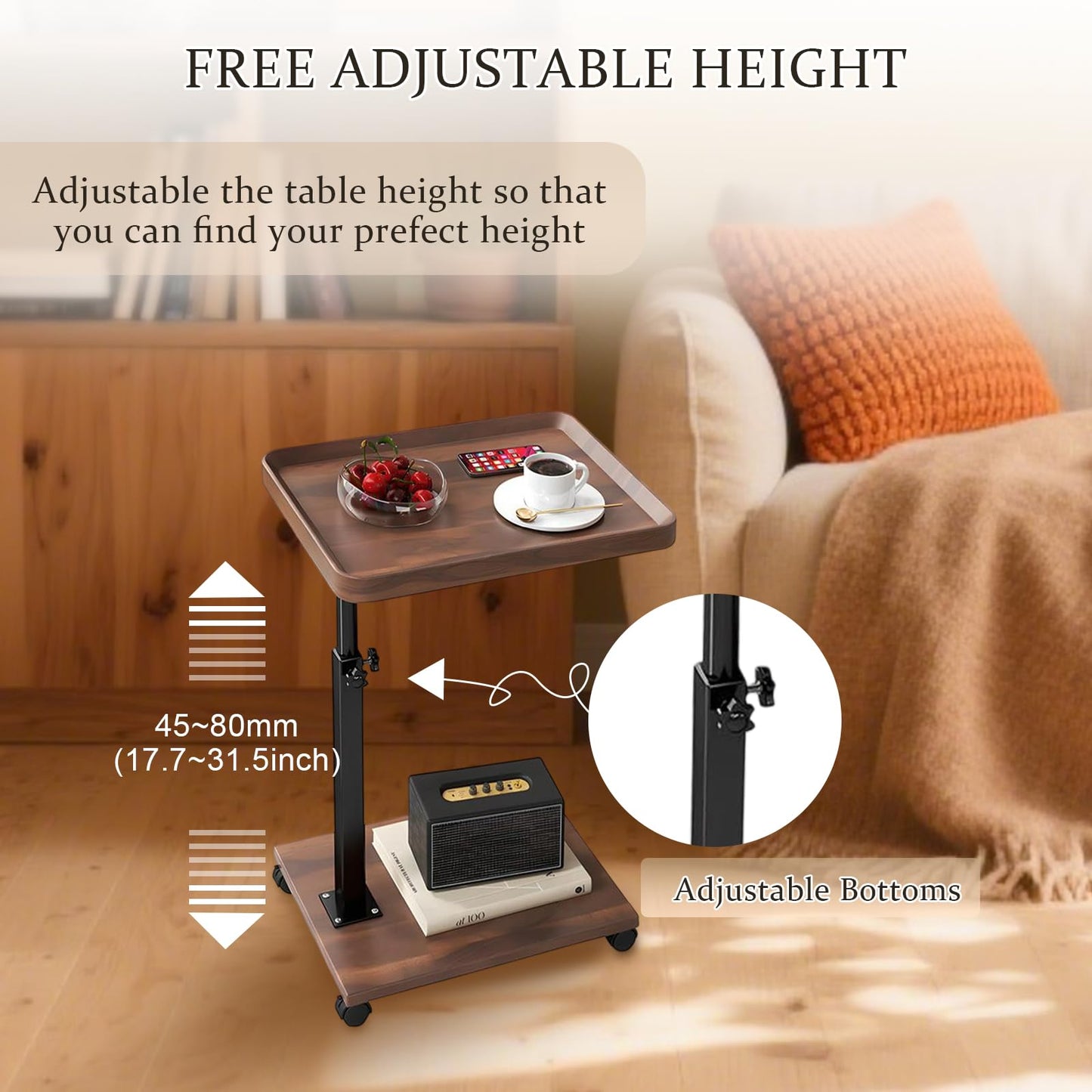 C Table End Table Adjustable Height 360° Swivel TV Tray Table With Wheels