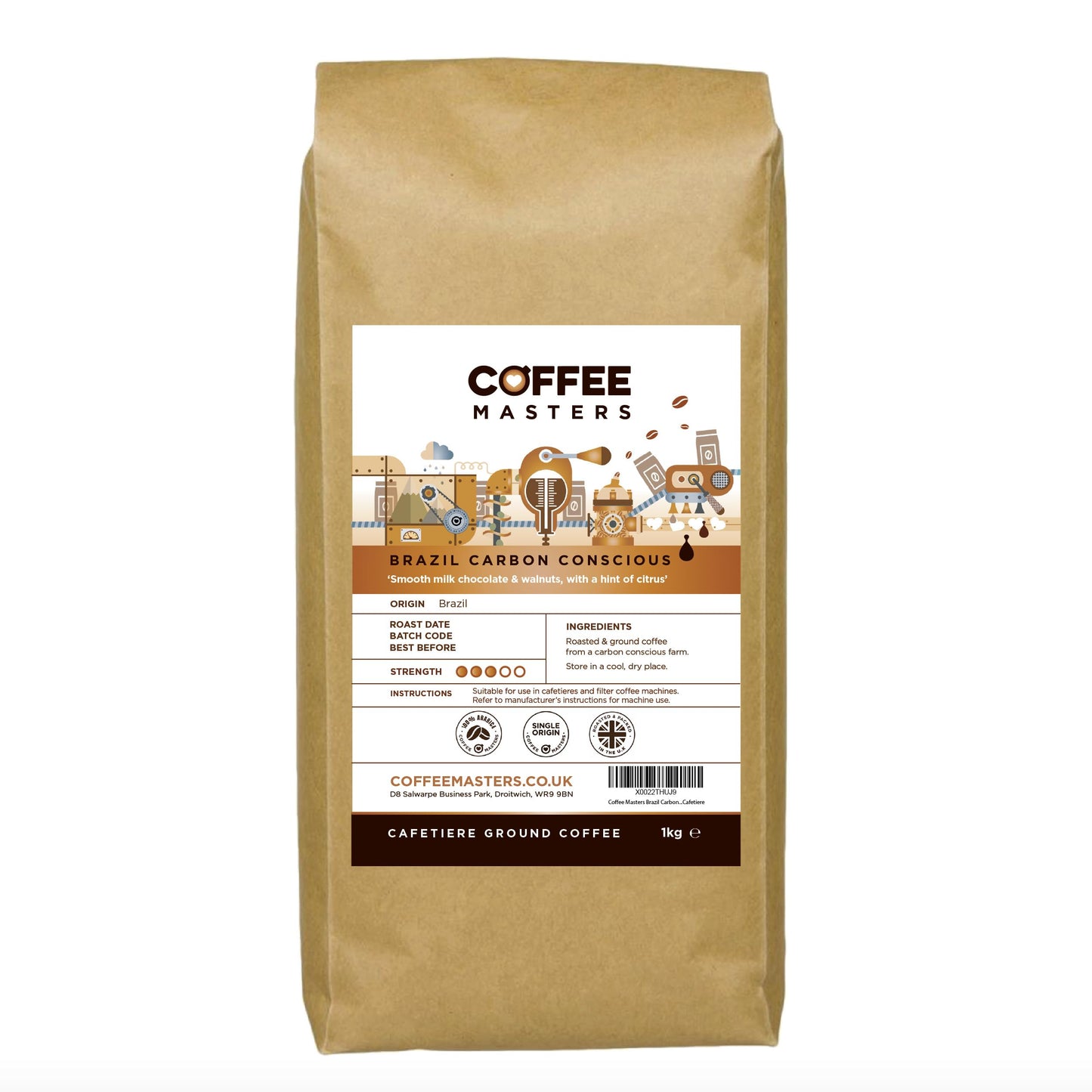 Coffee Masters Brazil Carbon Conscious Cafetiere Ground Coffee 1kg - Single Origin, 100% Arabica Beans - Medium Roasted Brazilian for Cafetiere