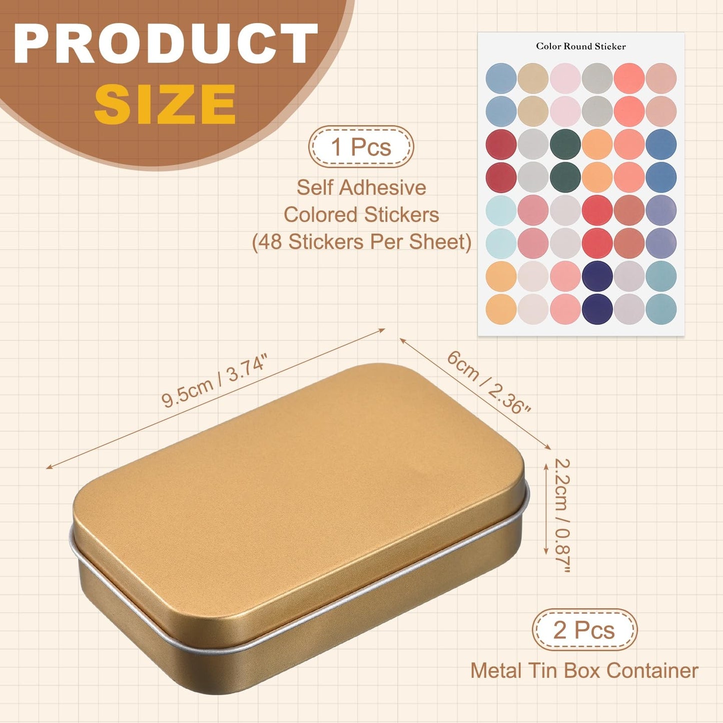 sourcing map 2Pcs Metal Tin Box Container, 3.7x2.4x0.9 Rectangular Empty Box with Self Adhesive Colored Stickers