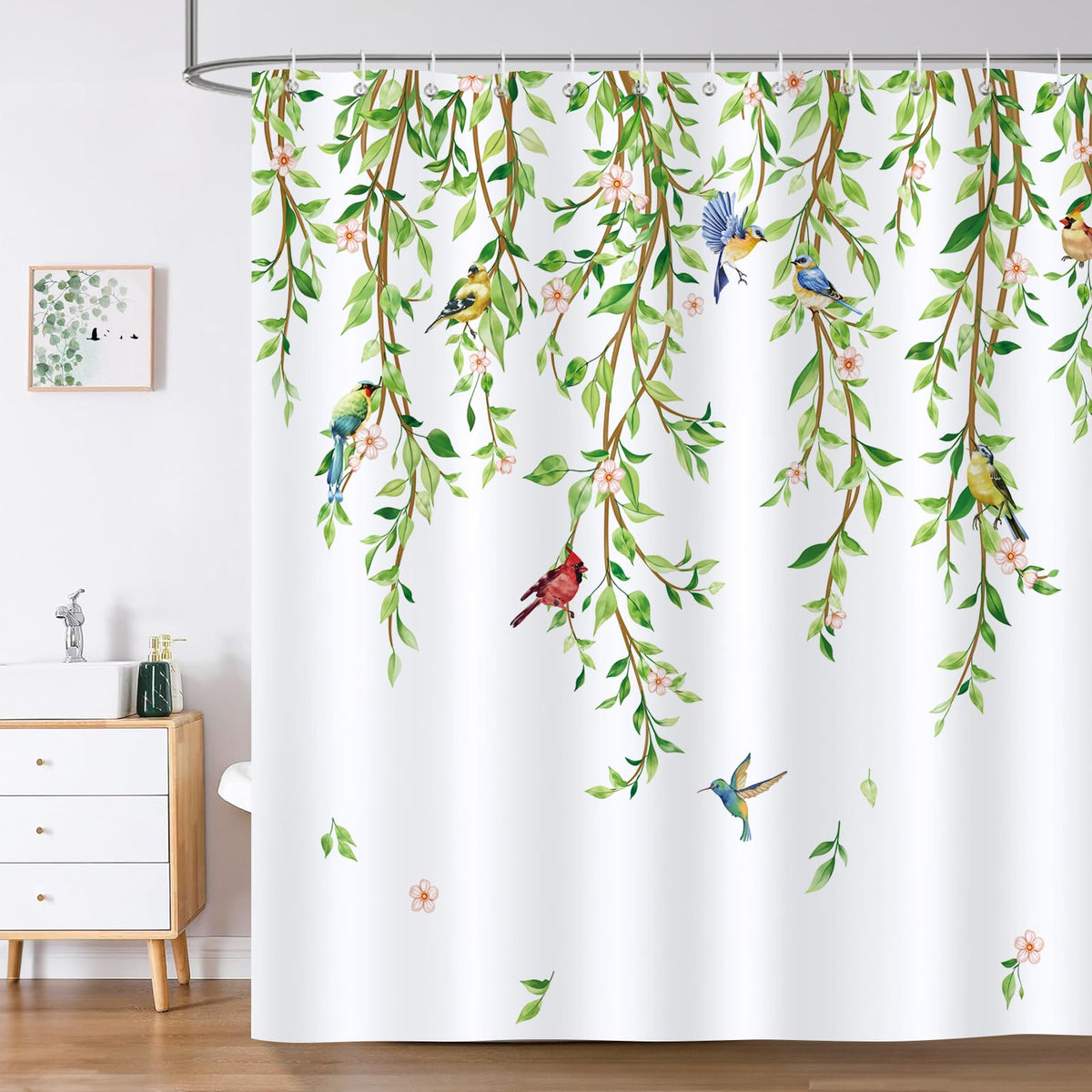 Bonhause Green Leaves Birds Shower Curtain Spring Hanging Vine Bathroom Curtain 180 x 180 cm Waterproof Mildew & Mould Resistant Polyester Fabric Bath