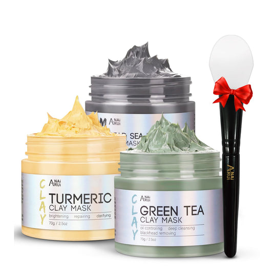 ANAiRUi Clay Face Mask Kit, Turmeric Clay Masks - Green Tea Face Masks - Dead Sea Minerals Mud Masks, Spa Facial Mask Set for Deeply Cleansing,