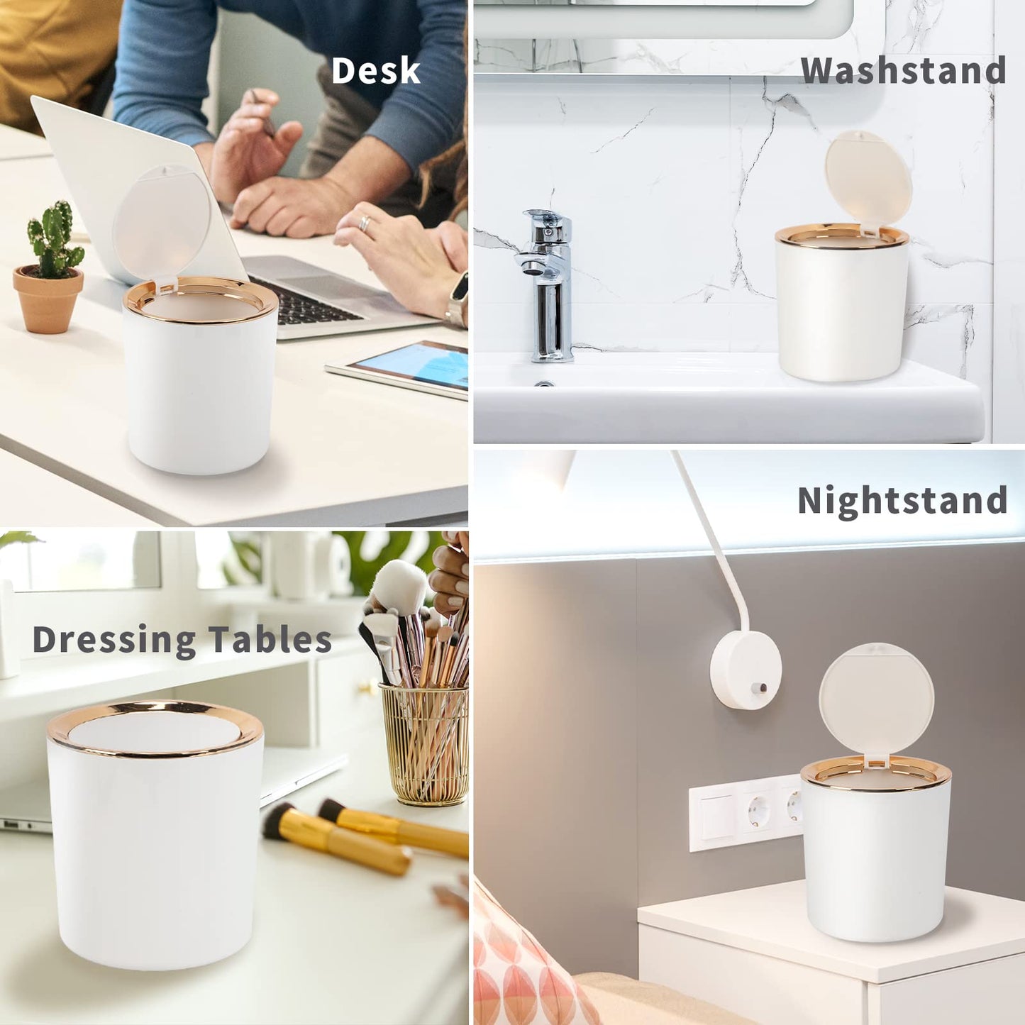 JEEZAO Mini Desktop Bin, Desk Trash Can with Lid, 2.6L Small Plastic Waste Table Bin for Bathroom, Office, Dressing Table, Kitchen (White)