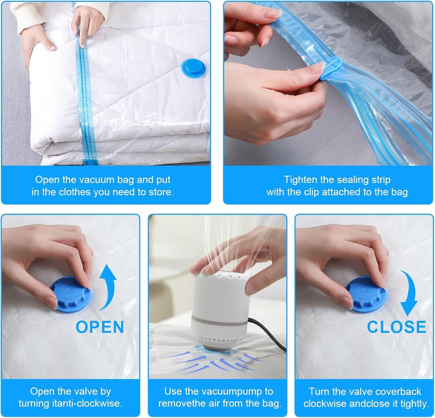 Vacuum Storage Bags 10 Jumbo Reusable Space Saver Bags with Electric Pump Compression Bags Sealer Bags Vacuum Sealed for Clothes Bedding Duvets