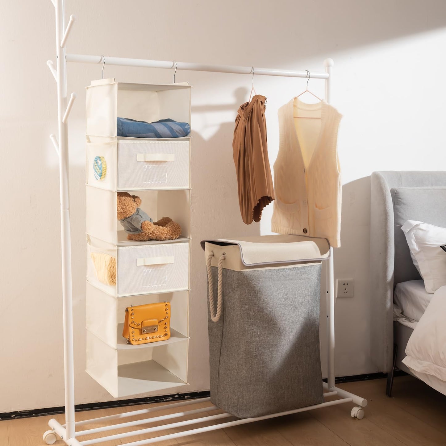 BrilliantJo Hanging Wardrobe Organiser 6 Shelves with 2 Removable Drawers Closet Storage, hanging Shelves Unit with 4 Pockets for Clothes