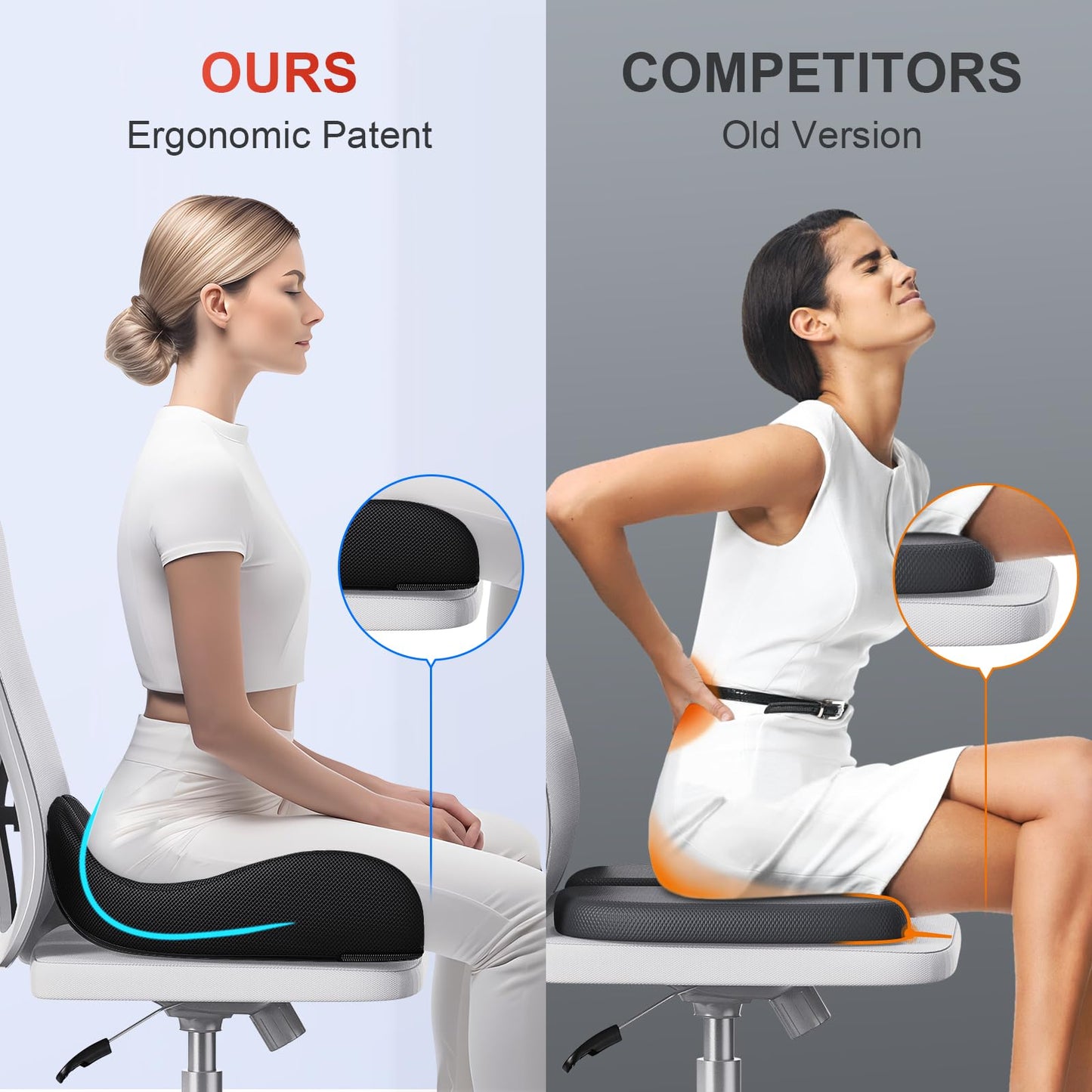 Benazcap X Large Memory Seat Cushion for Office Chair Ergonomic Cushions Pad Pillow for Pressure Relief Sciatica & Pain Relief Memory Foam for Long