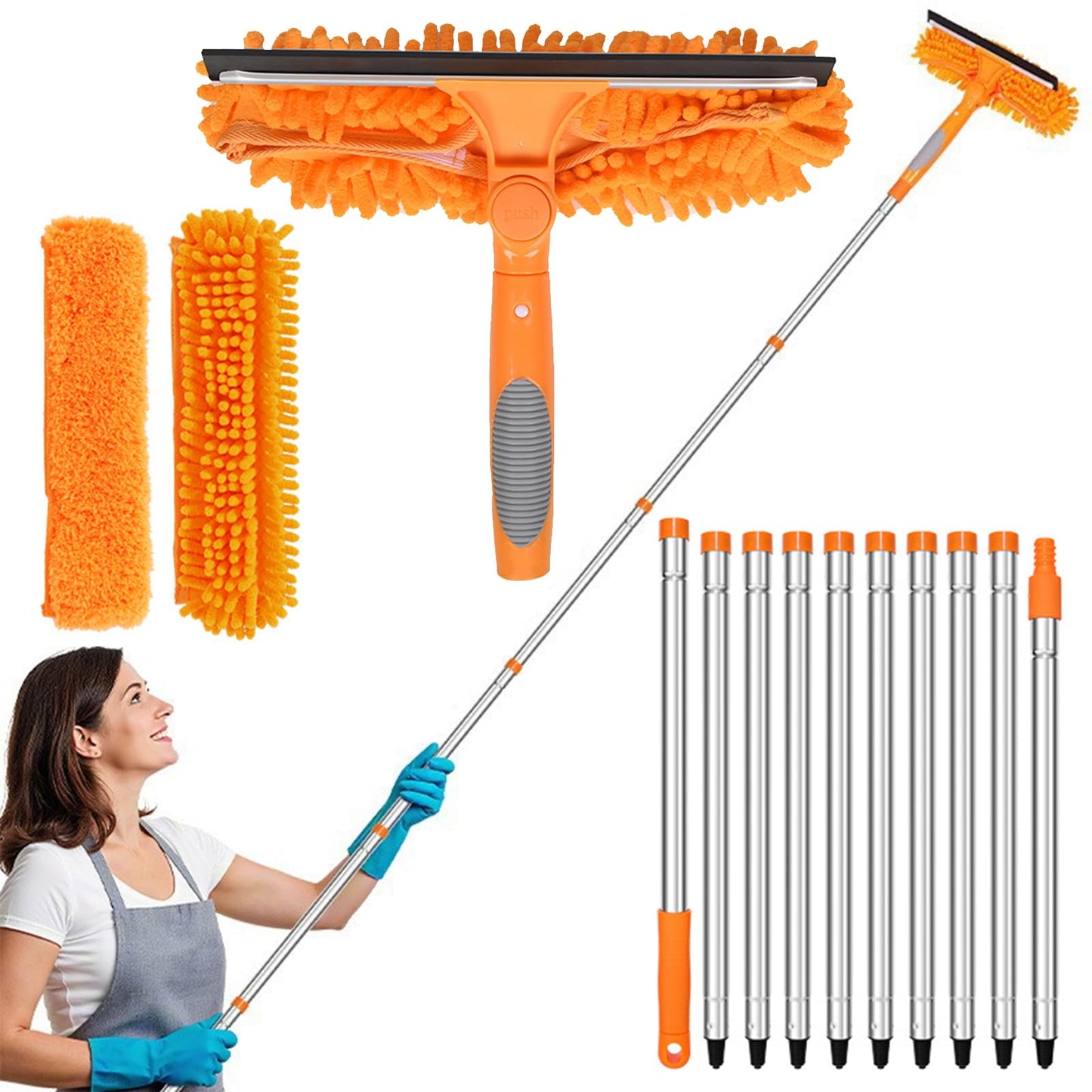 385CM Window Squeegee Cleaning Equipment,with Long Handle, 2 in 1 Extendable Window Cleaning Kit with Squeegee and Microfiber Cloth for Indoor/Outdoor