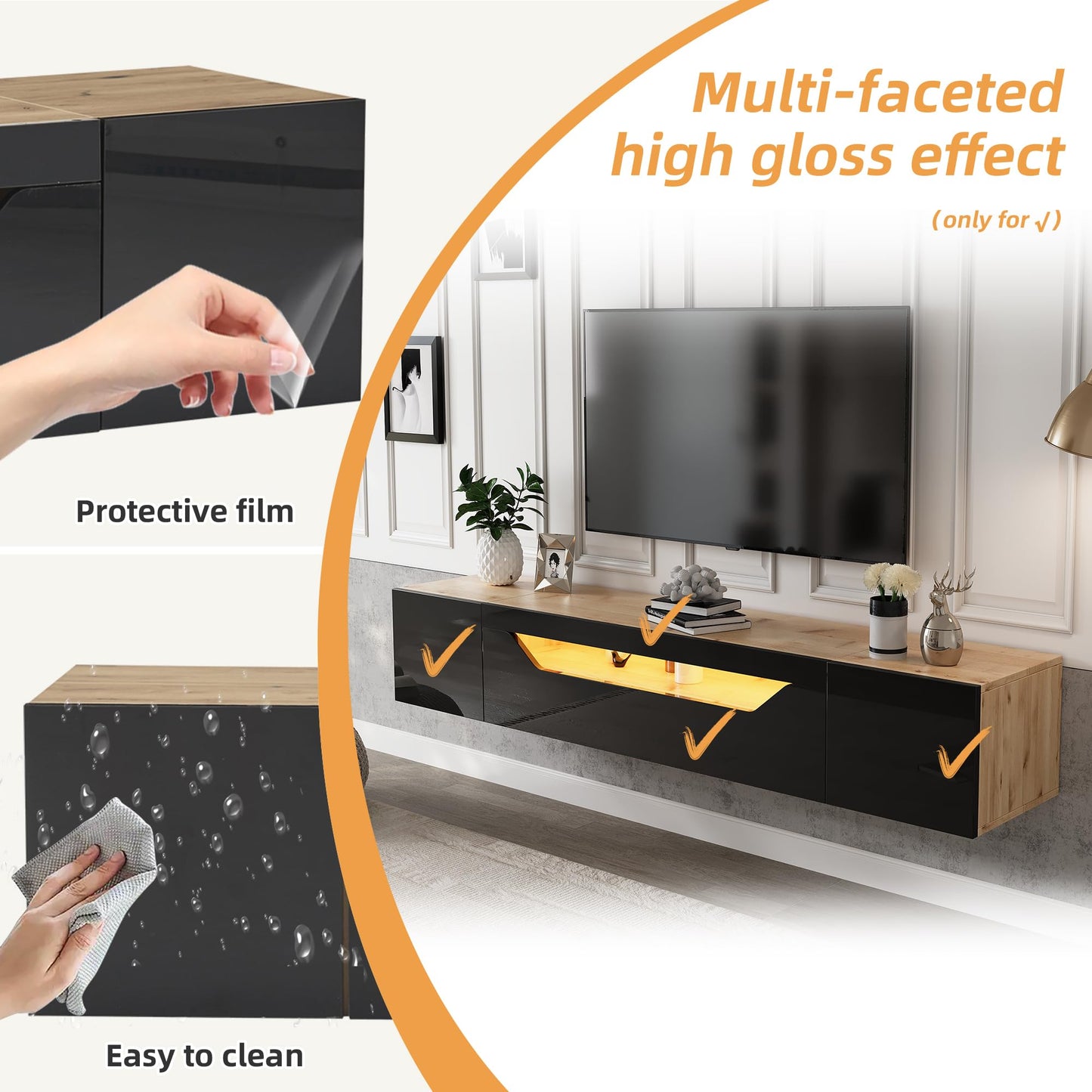 Ball & Cast Floating High Gloss TV Stand Cabinet with LED Lights, Pull-Down Door Wall Mounted Unit