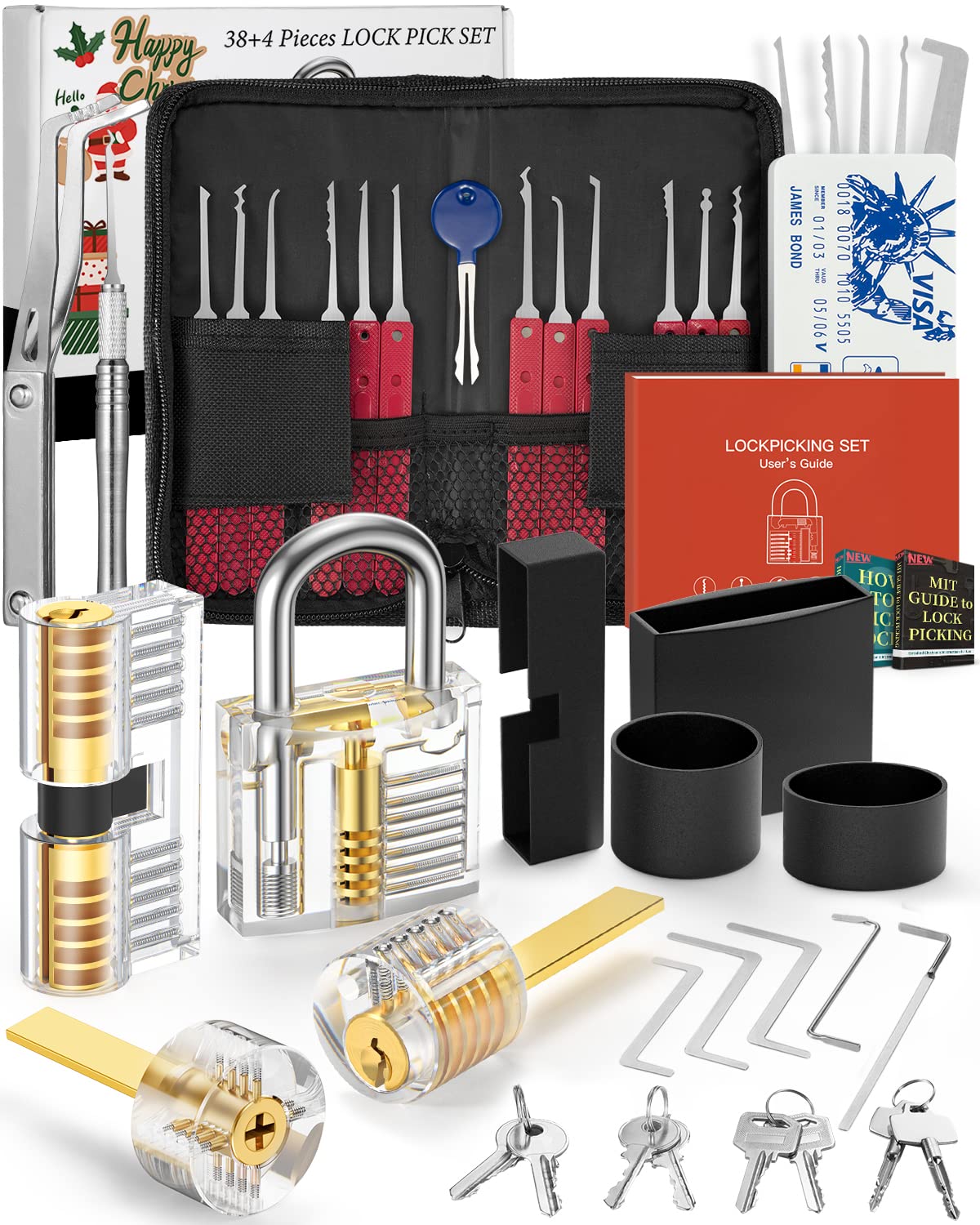 Eventronic 38+4 Piece Lock Picking Set, [2023 Upgrade Version] Lock Pick Tool Kit with 4 Transparent Training Locks for Lockpicking, Bonus E-Guides