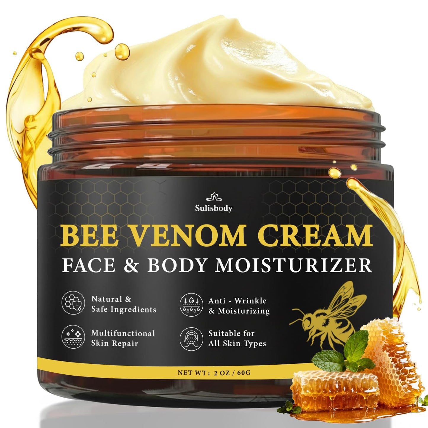 Bee Venom Cream, Bee Venom Comprehensive Cream for Saggy Skin, Natural Moisturizer for All Skin Types, Relieving, Smoothing and Hydrating Skin, 2oz