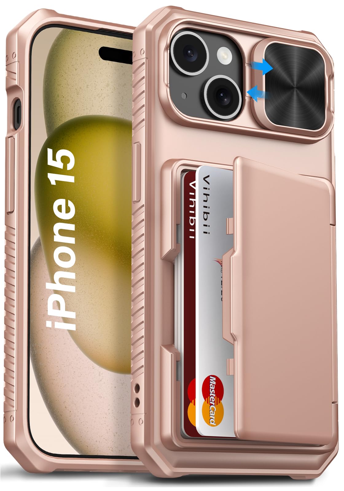 Vihibii for iPhone 15 / iPhone 14 / iPhone 13 Case Wallet with Card Holder (4 Cards) & Slide Camera Cover, Military Grade Drop Protection, Rugged Back