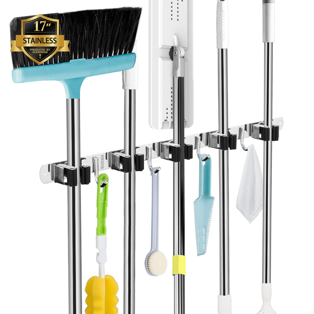 AceMining 5 Holders+4 Hooks Broom Holder Wall Mounted with Nails Installation, Heavy Duty Stainless Steel Mop Holder, Brush Mop and Broom Storage Self