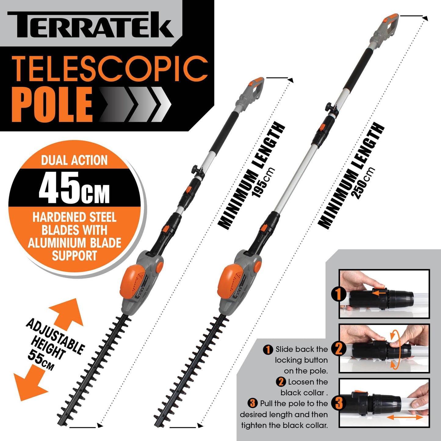 Terratek Corded Extendable Pole Hedge Trimmer 550W 2.5M Telescopic Hedge Trimmer Long Reach Hedge Cutter with 4 Position's, 10m Cable and Shoulder