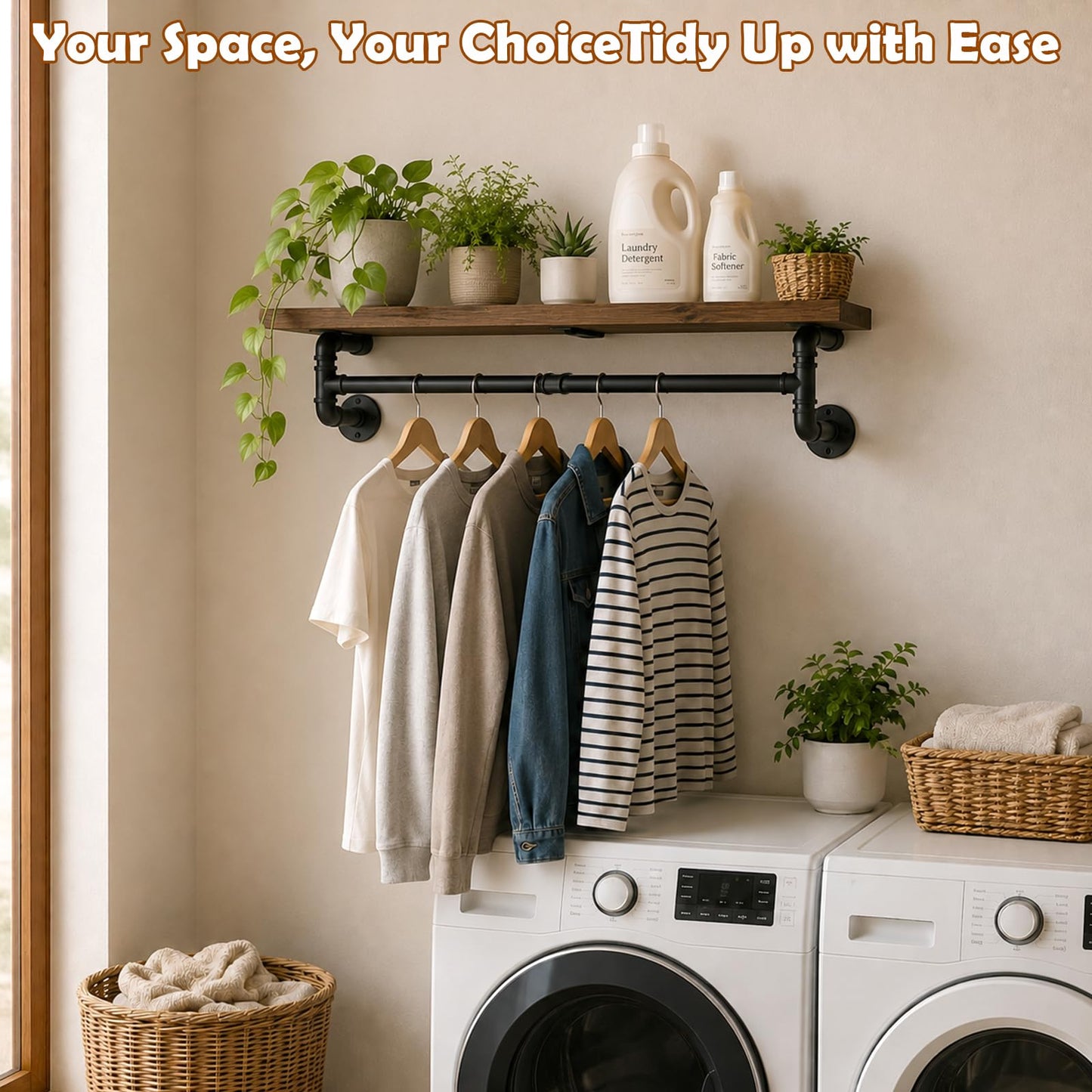NBOUOU Wall Mounted Clothes Rail, 70cm Industrial Pipe Clothing Rack, Heavy Duty Clothes Rail with Top Shelf, Shelves Clothes Hanging Rails