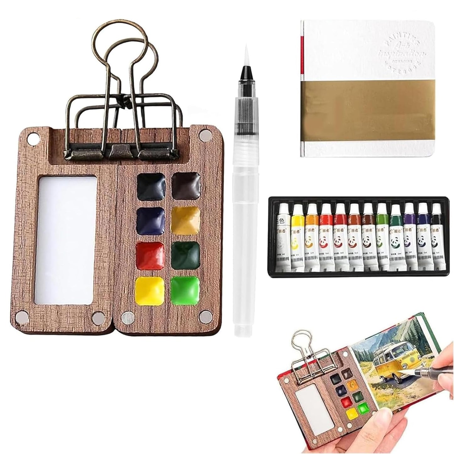 Mini Watercolour Paint Set Travel, Portable Palette with 8 Grids, Pocket Artist Travel Watercolour Set with Metal Clip, 12 Colour Watercolour Painting