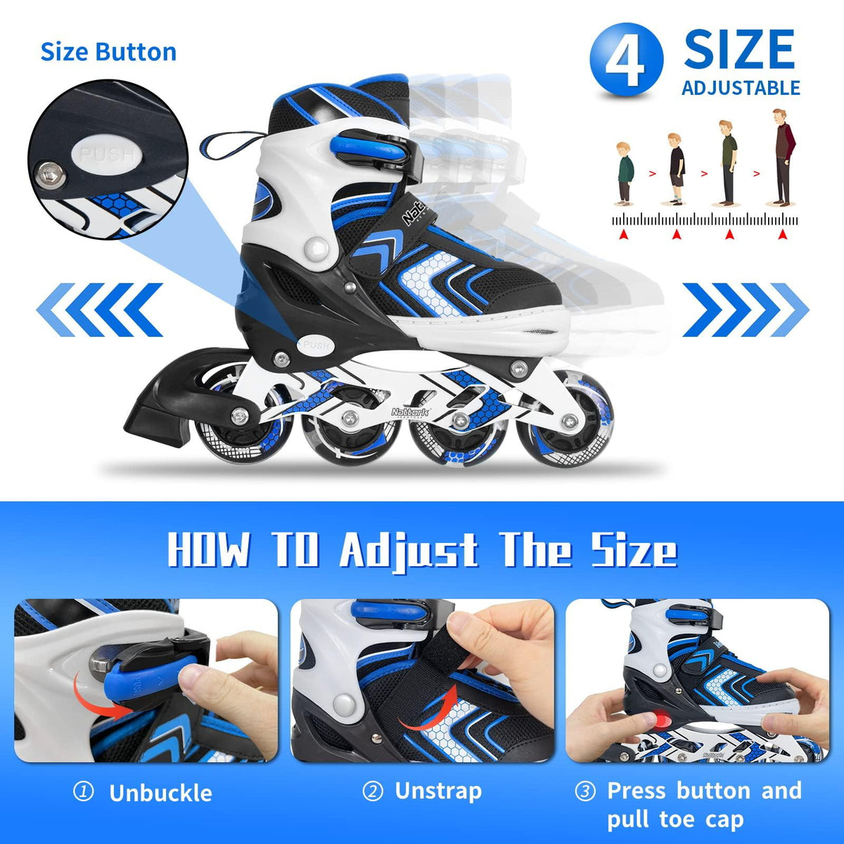 Nattork Boys Roller Skates with Full Light up Wheels, Adjustable Beginner Inline Skates for Boys Big Kids, Blue, Kids Size 1-3 1 2 3