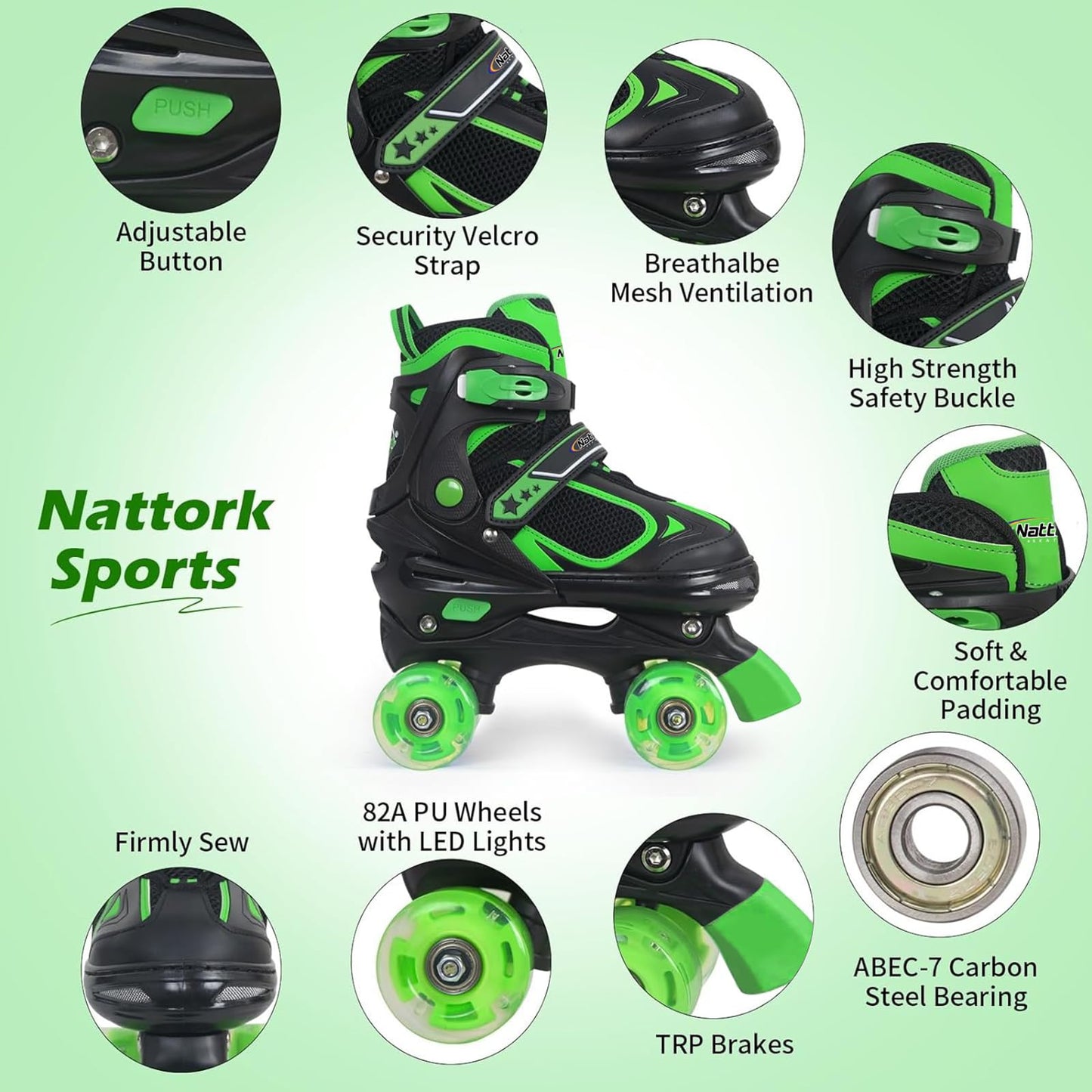 Nattork Kids Roller Skates for Boys Girls, 4 Sizes Adjustable Roller Skates with All Light up Wheels, Full Protection for Children's Indoor Outdoor