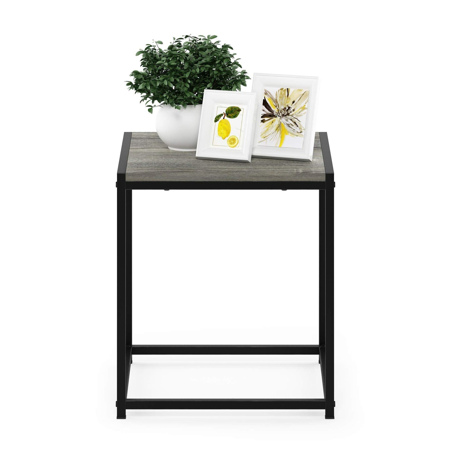 Furinno CAMNUS Side Table, Metal Frame End Table, Toolless Night Stand, Bedside Table, for Living Room, Bedroom, French Oak Grey