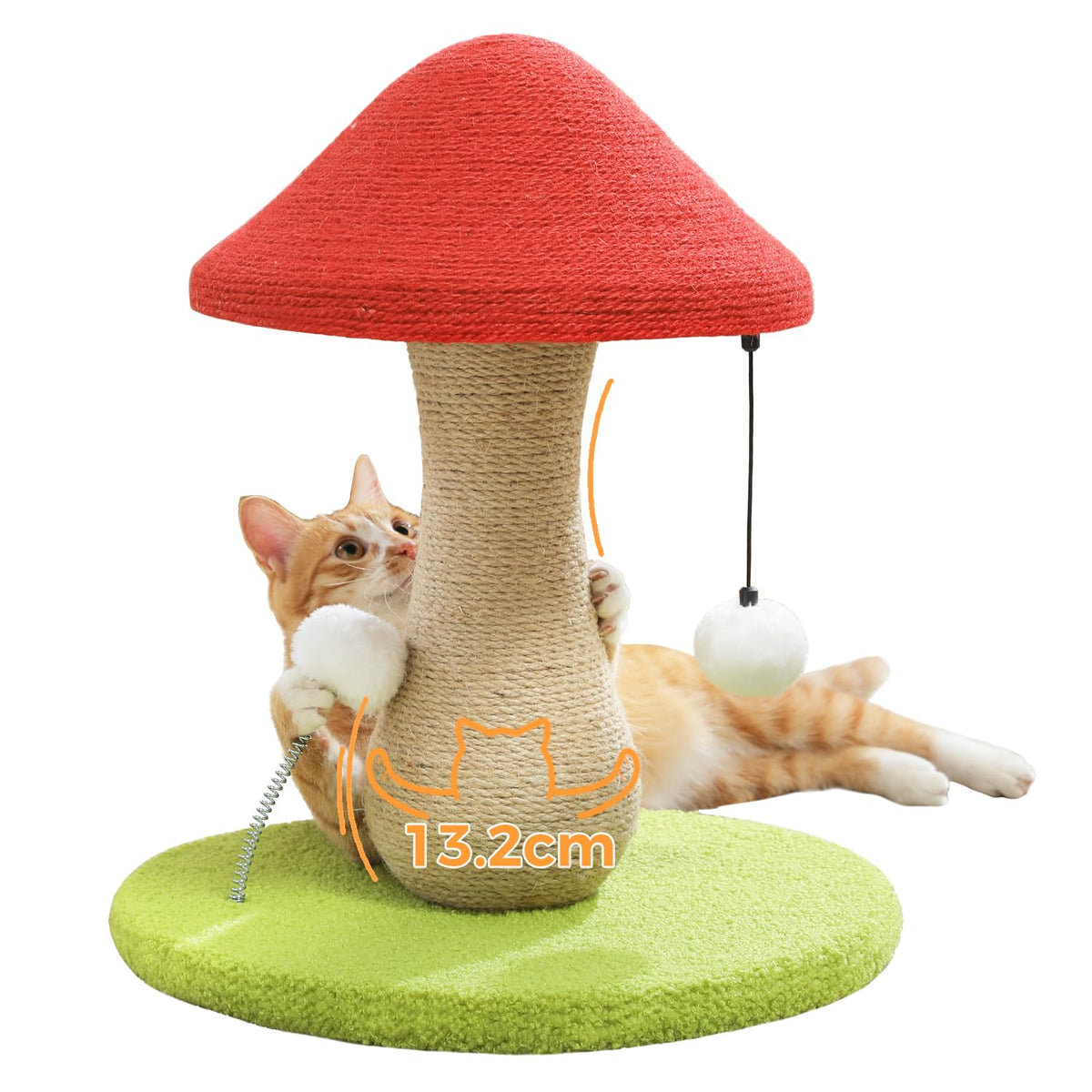 PAWZ Road Cute Cat Scratching Post, Mushroom Cat Scratcher with 100% Sisal Covered Scratching Post & Pompoms Cat Toy, Mushroom Cat Post for Indoor