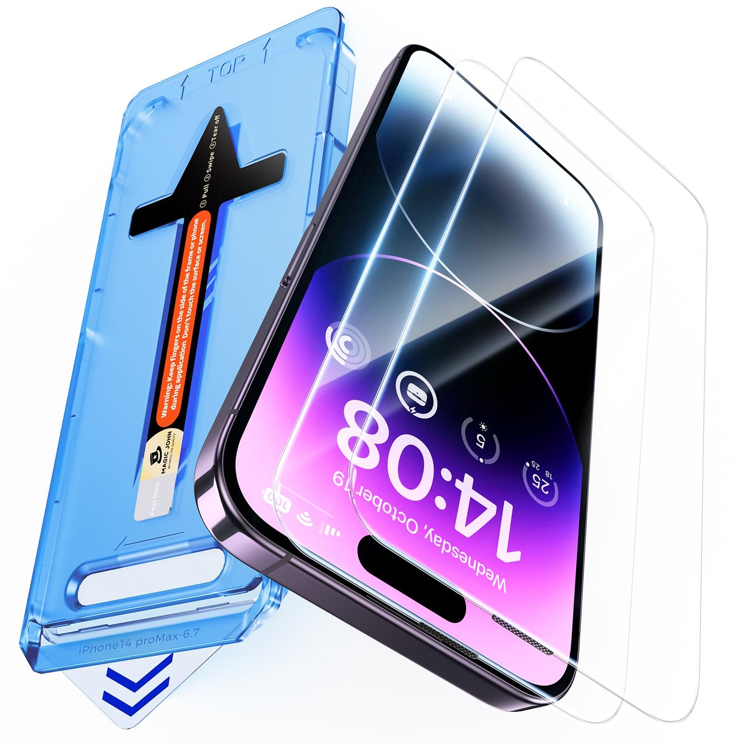 MAGIC JOHN 2 Pack for iPhone 14 Pro Max 6.7 inch Tempered Glass Screen Protector, Auto Dust-Elimination Installation, Bubble Free, Dynamic Island