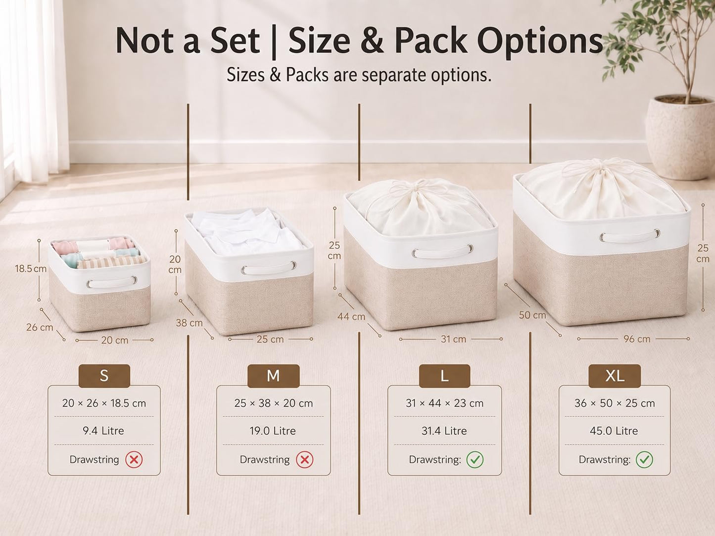 Mangata Set of 3 Fabric Storage Baskets, Light Khaki White S